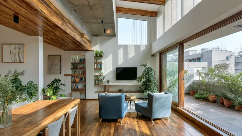 Modern living room with high clerestory windows and large sliding glass balcony doors.