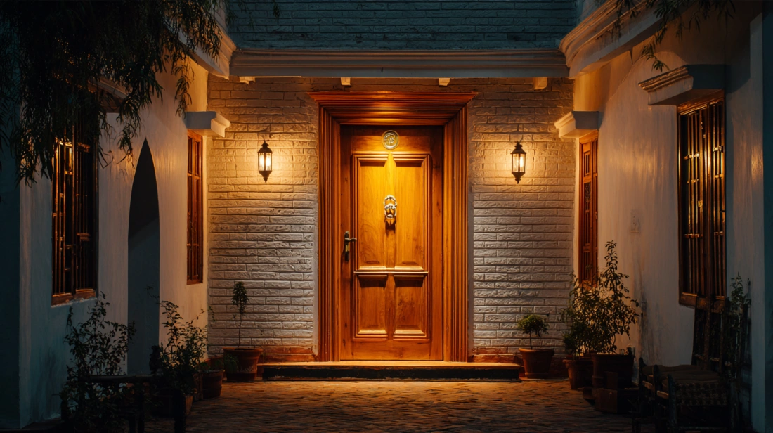 Classic wooden door with brass handle on heritage wall