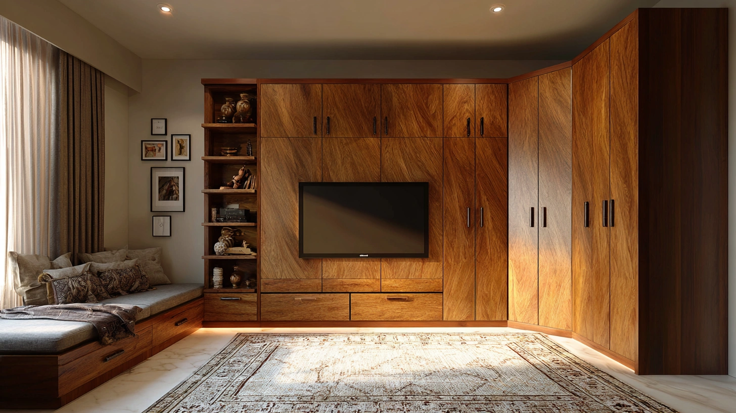 Closed cabinet corner TV unit for clutter-free look