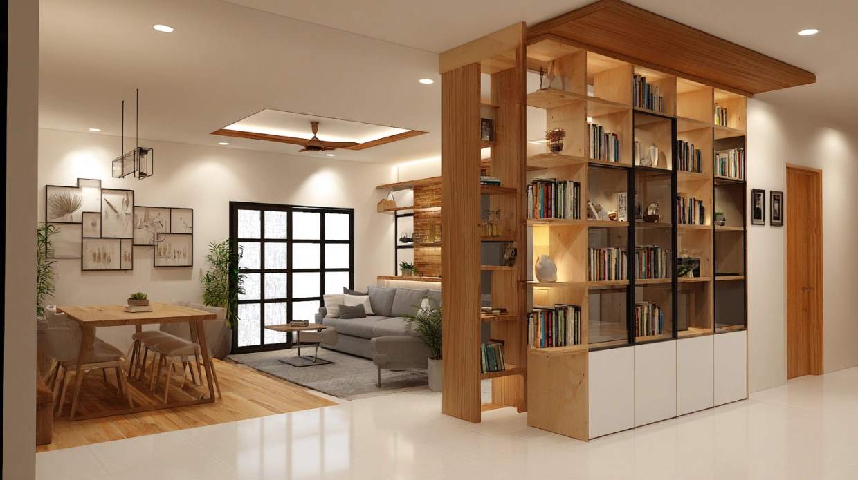Closed shelf partition with storage between spaces