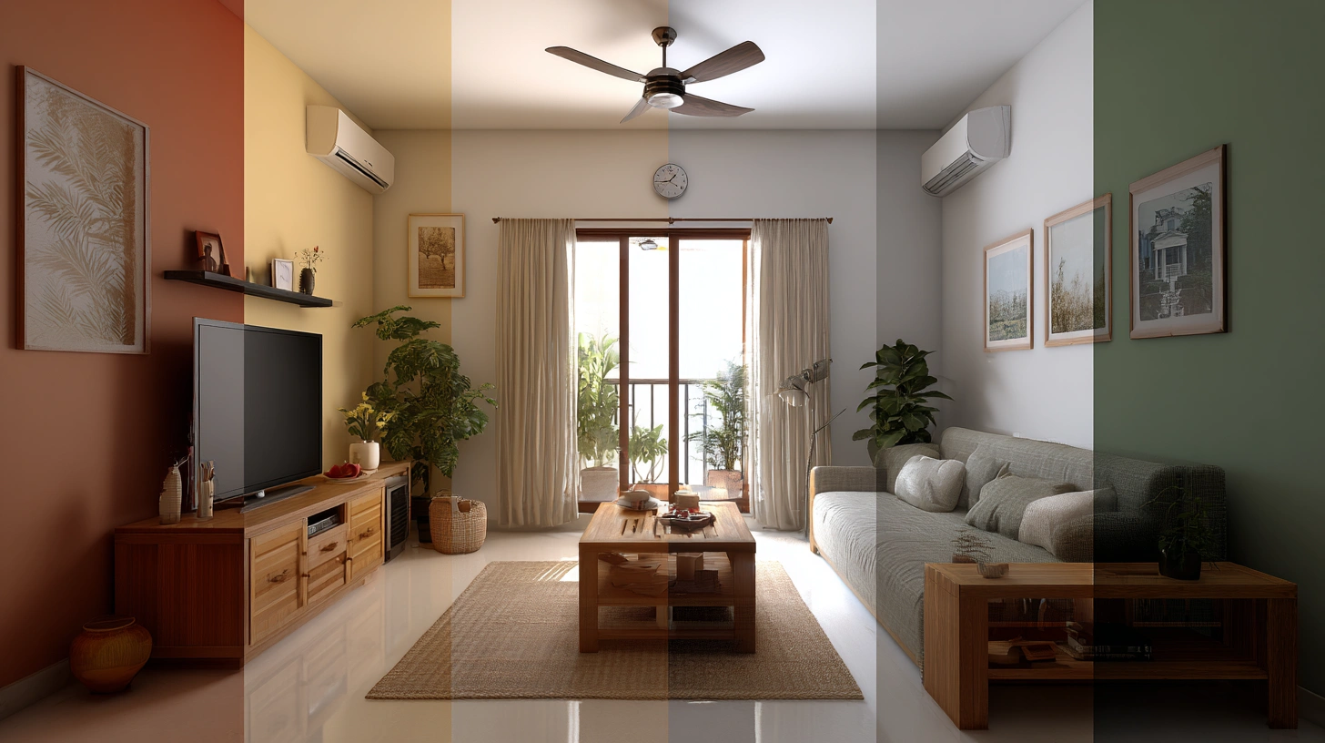 Spacious living room with large wood paneling
