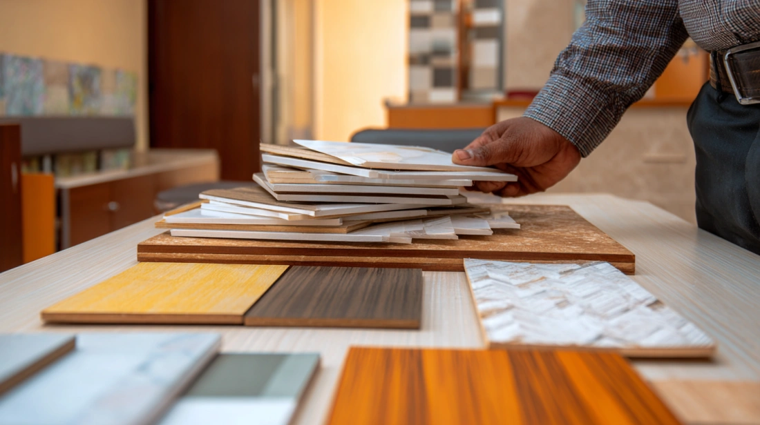 Worker sorting various interior design material boards