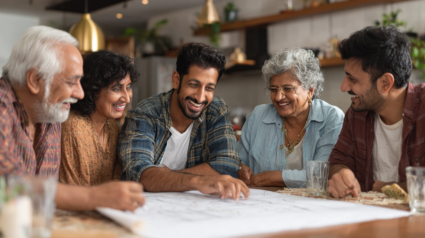 A family sitting together choosing a house plan from a laptop