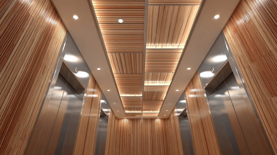 A bright, luxury lift interior with a modern backlit ceiling
