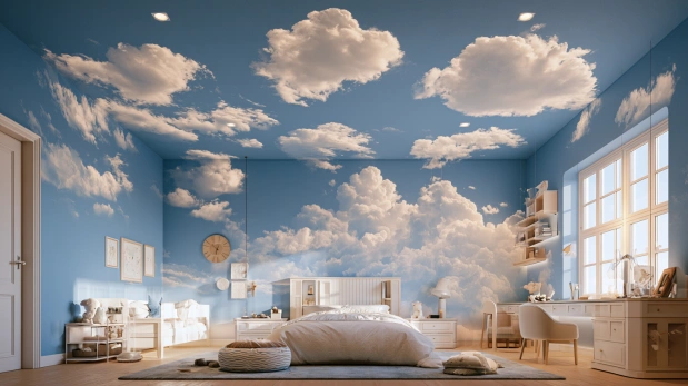 Soft cloud ceiling wallpaper creating an open sky look.