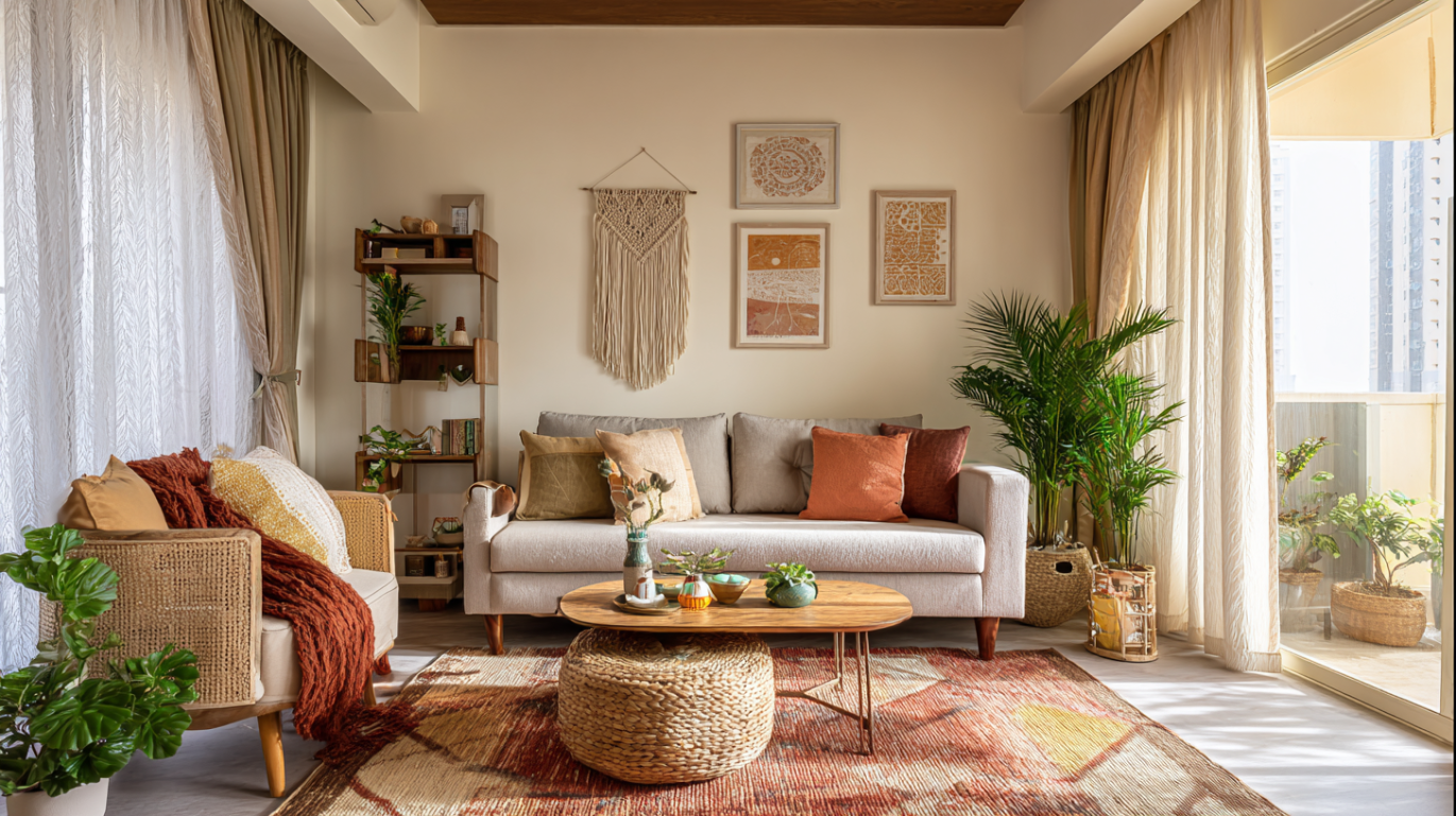 Boho living room with macrame wall hanging