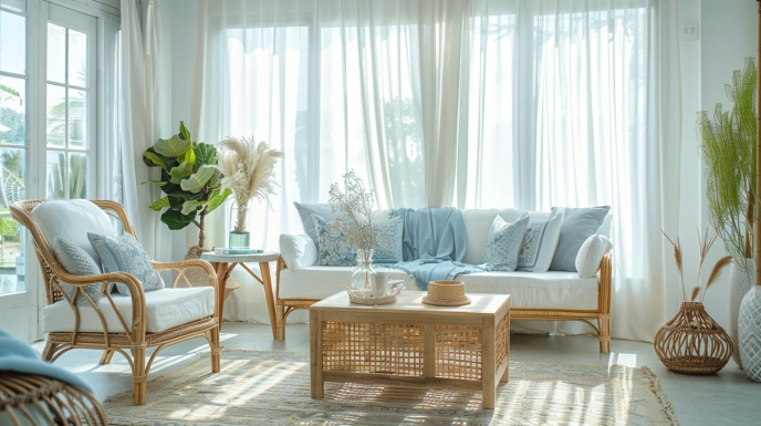 Coastal Indian living room with light colours and airy decor