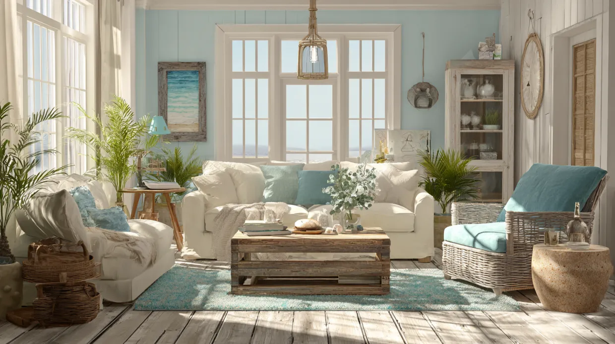 coastal living room with white sofas, wicker chair, and turquoise accents