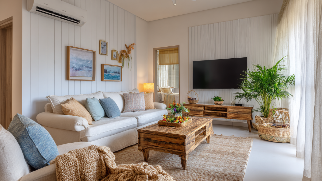 Shiplap walls decorate bright farmhouse living room