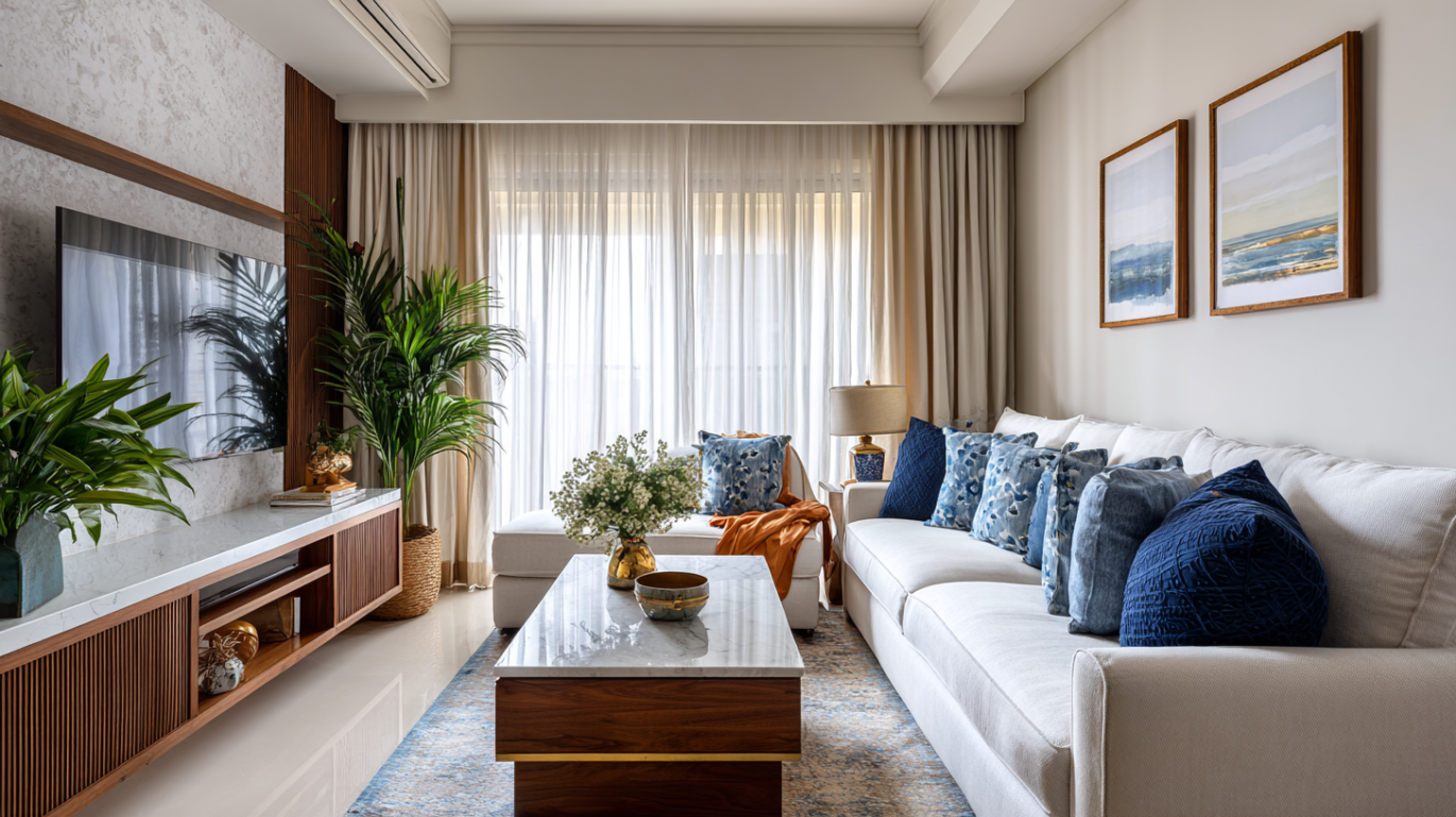 White sofa adorned with blue accent pillows