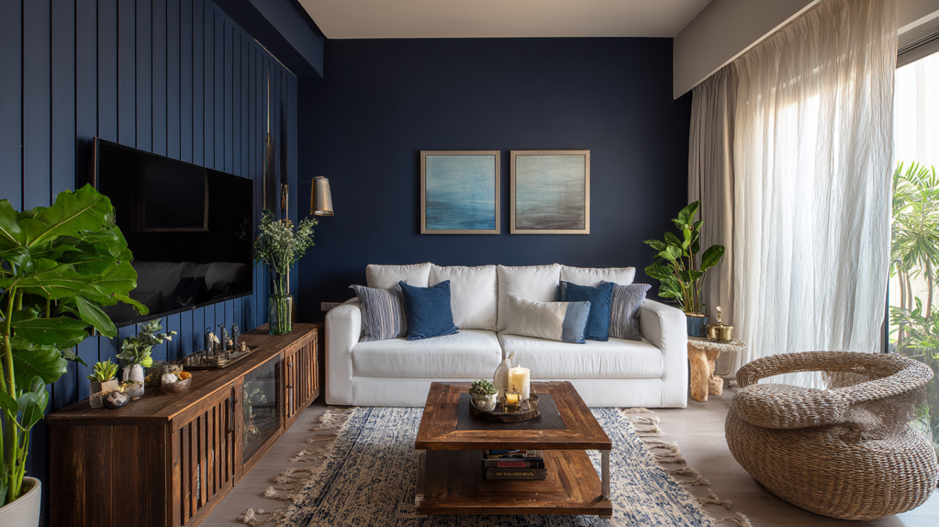 White couch against dark navy blue wall