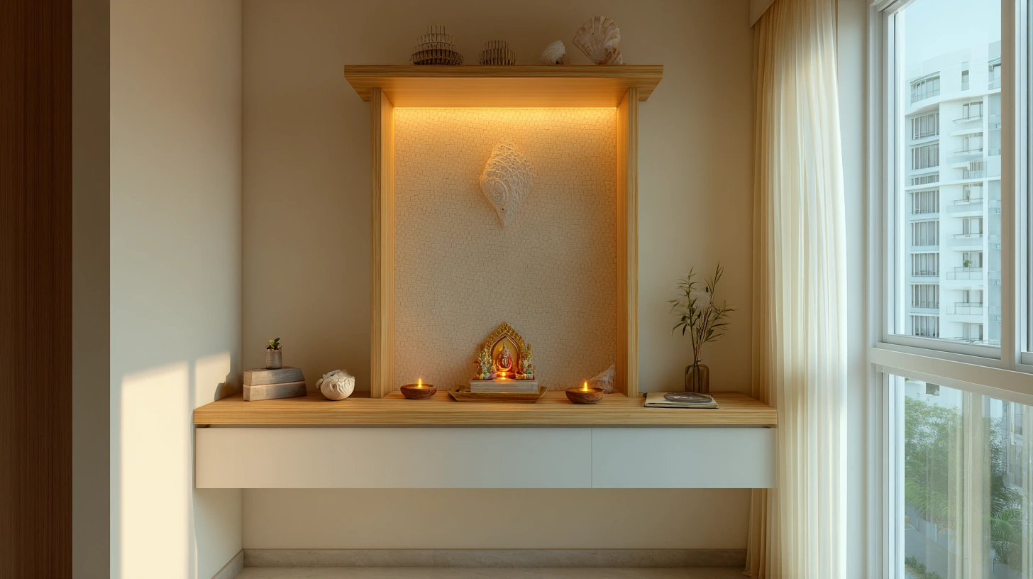 Bamboo wall mandir with seashell decor in living room
