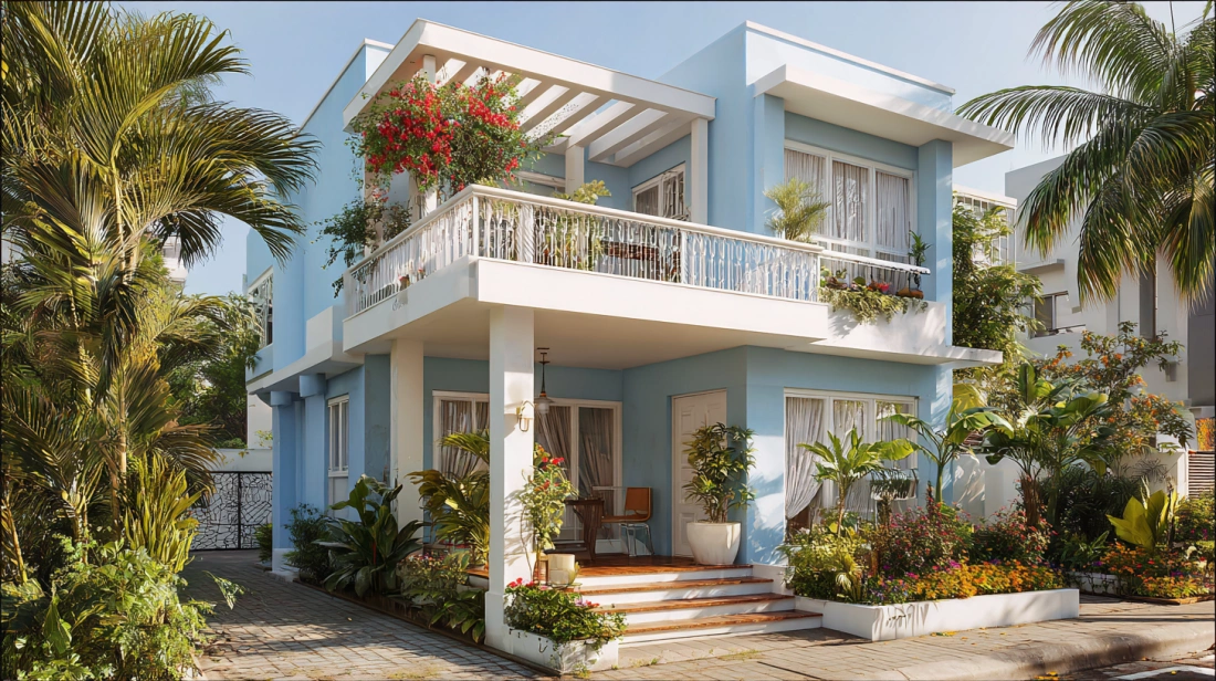 White blue two-storey house with airy balcony
