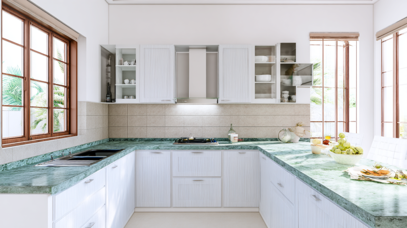 seafoam green granite and white cabinets in a kitchen counter granite design
