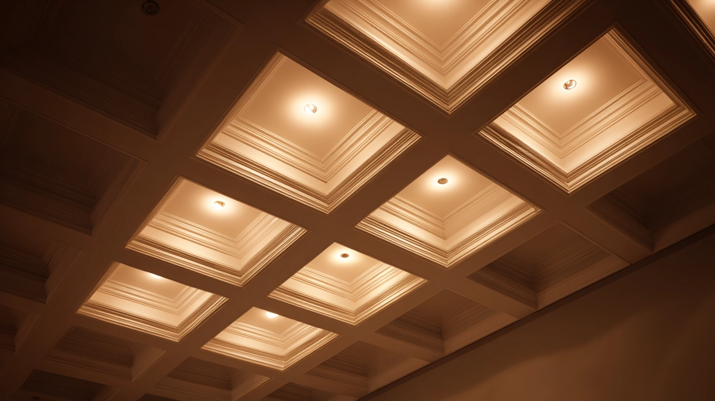 Classic grid-style coffered gypsum ceiling with deep panels