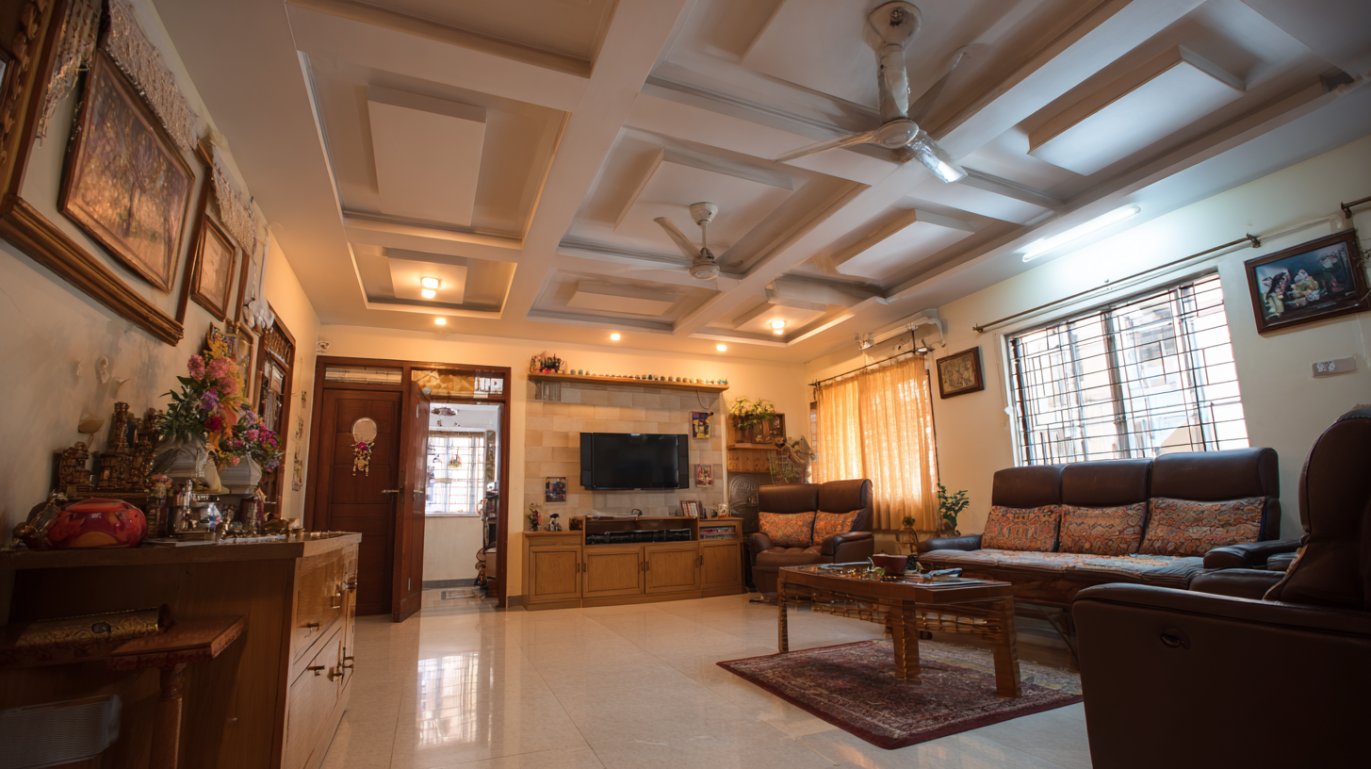 Modern living room displaying structured coffered panels