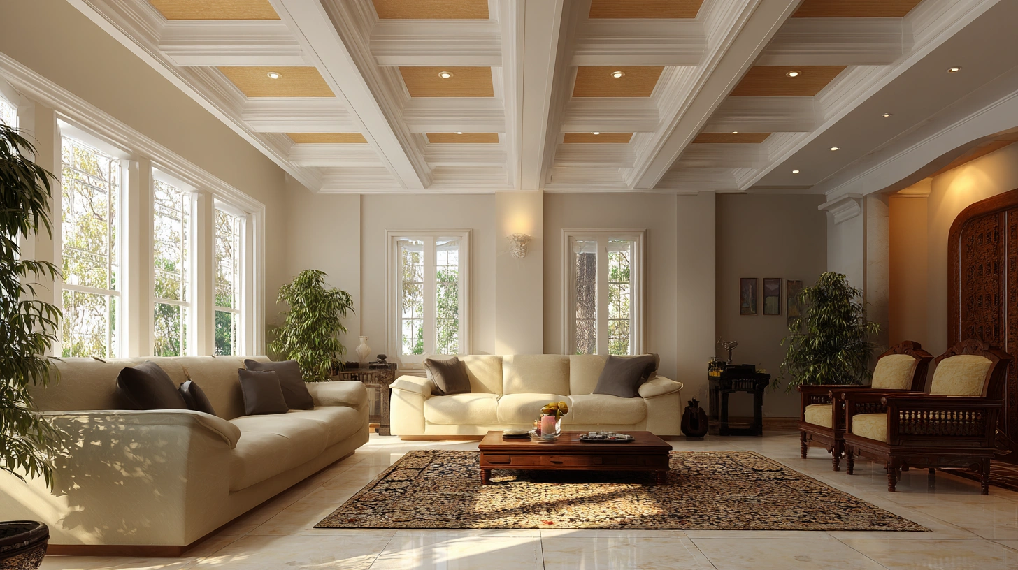 Coffered PVC ceiling grid with recessed panels in hall