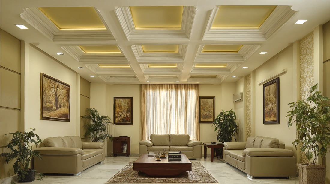 Modern drawing room featuring a segmented coffered POP ceiling