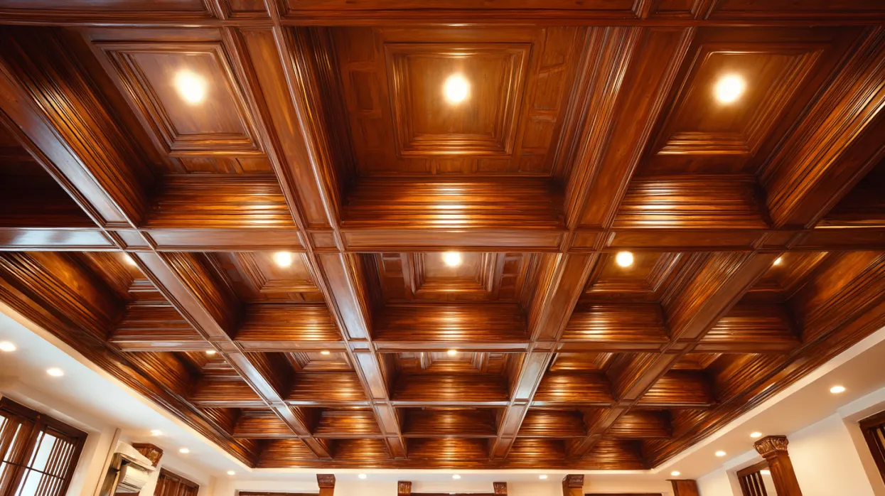 coffered wooden false ceiling design with sunken grid panels