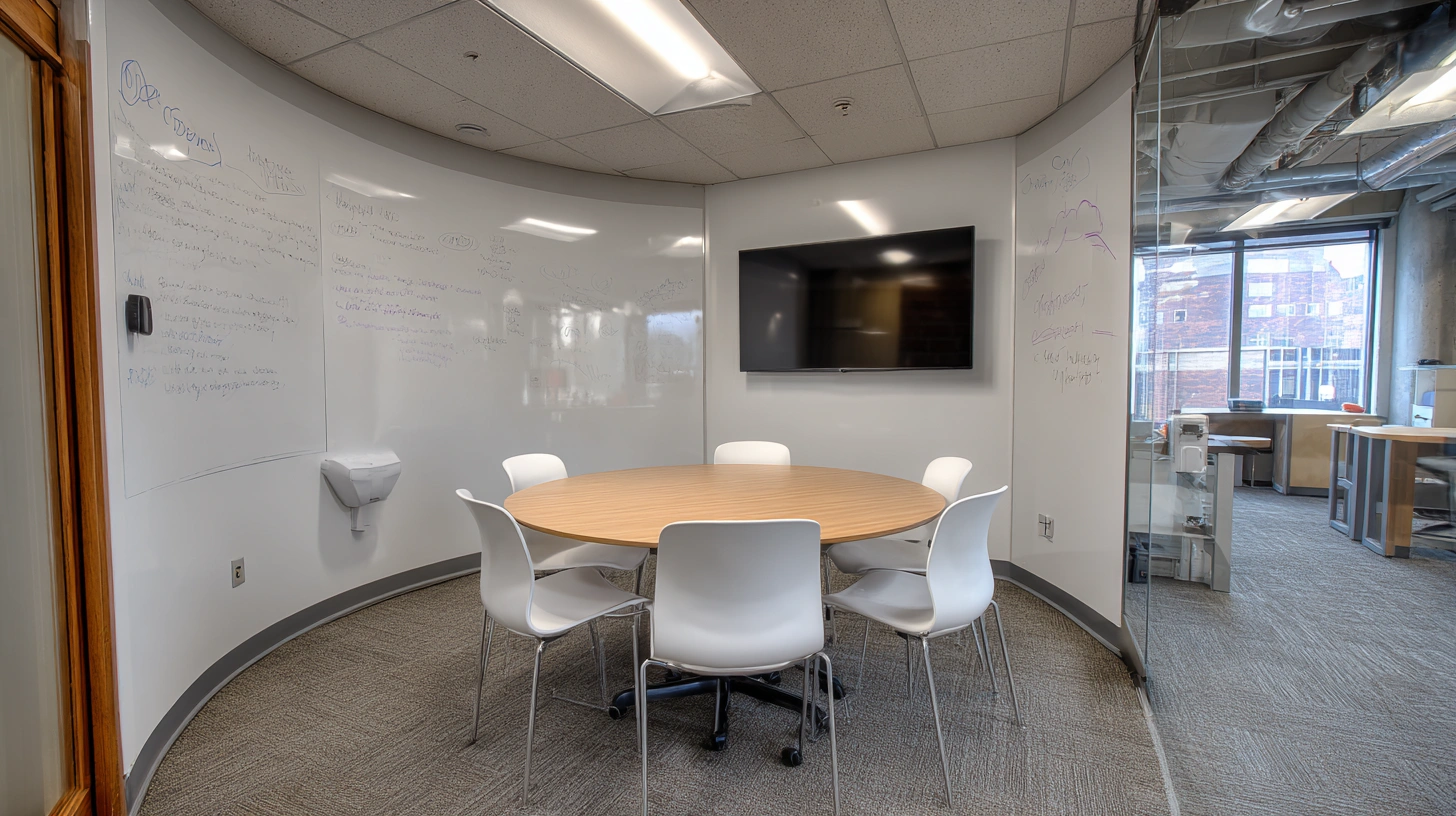 Open office area with a large table and colorful chairs