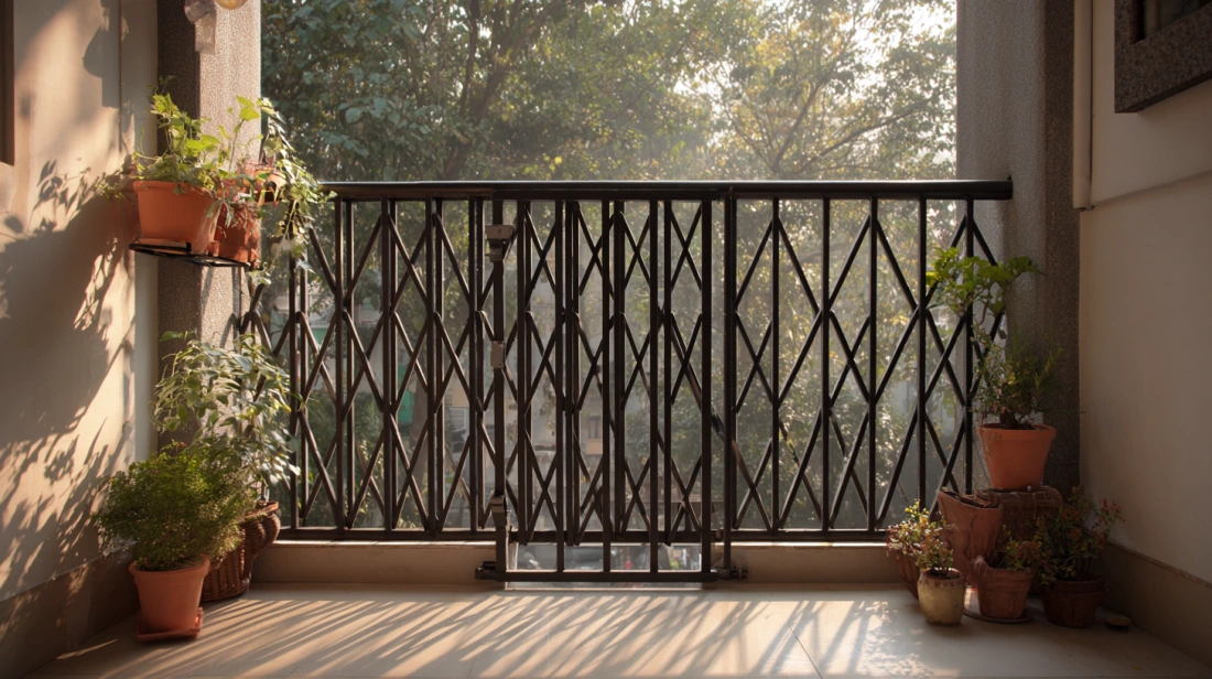 White metal collapsible safety gate installed on a modern apartment balcony