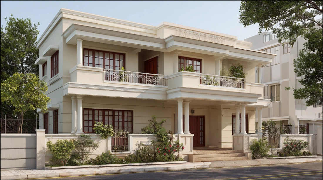 Two-storey home with columns and balustrade balcony