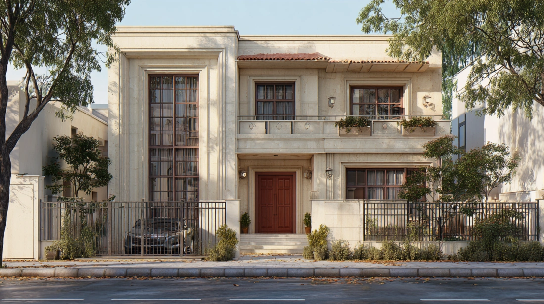Indian colonial home with columns and symmetry