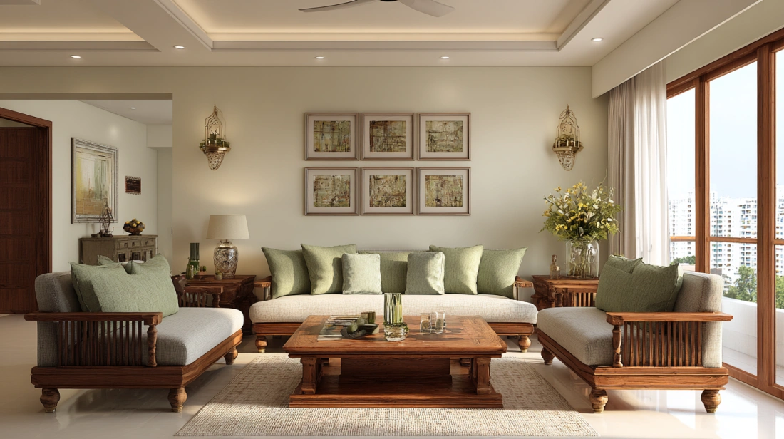 Colonial traditional living room with vintage wooden furniture