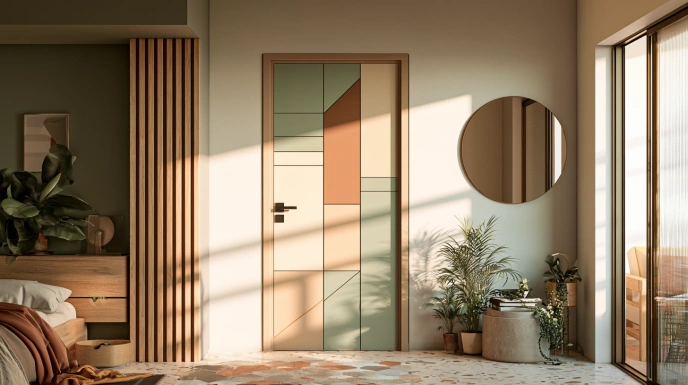 Colour block bedroom door in sage and beige