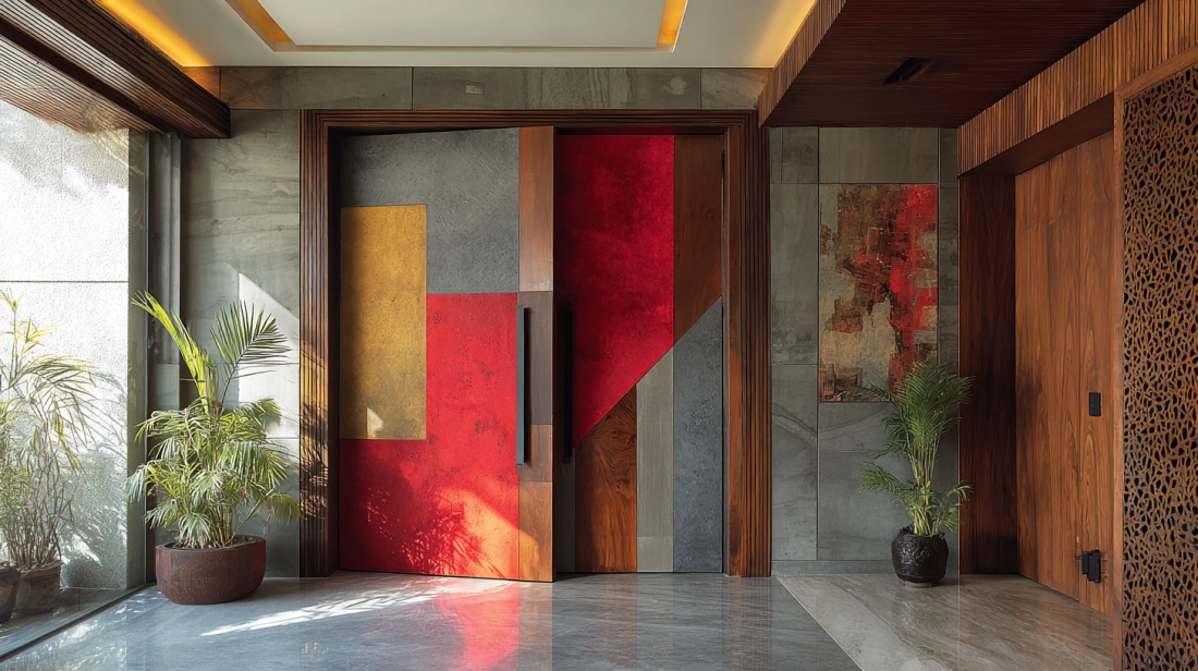 Bold colour block pivot door with smooth modern mechanism