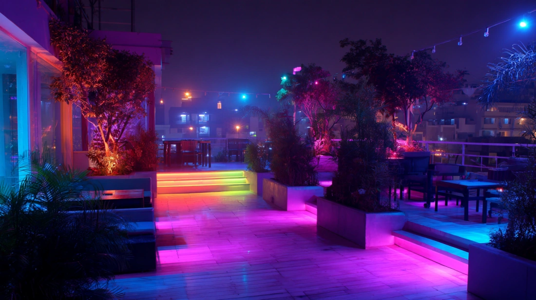 RGB lights changing colors across terrace space