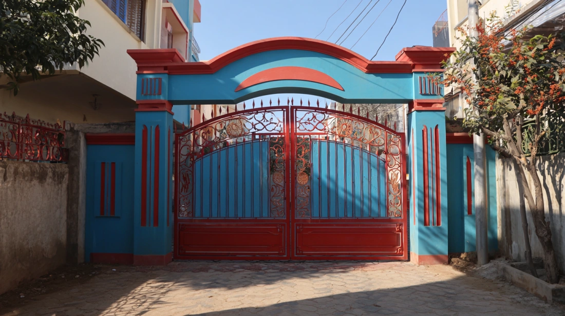 Arched wooden gate with horizontal panels in multiple colors