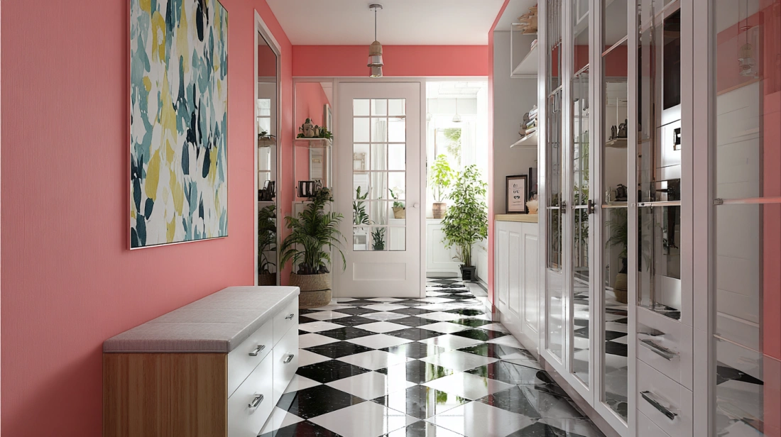 Pink wall and patterned tiles in entry corridor