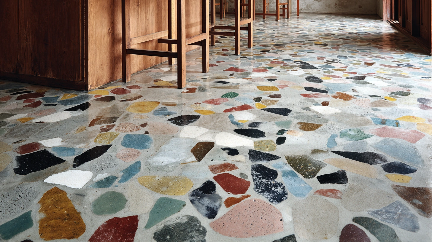 Terrazzo-style floor with vibrant, multi-colored stone chips