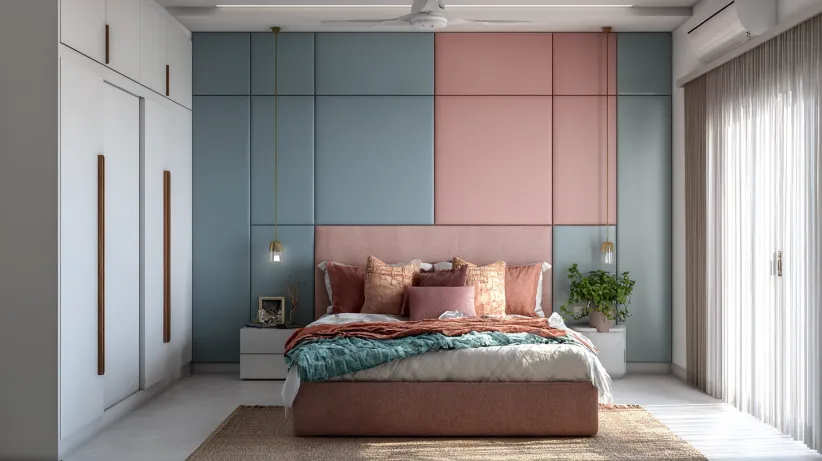 Pastel blue and pink upholstered panel feature wall bed back design