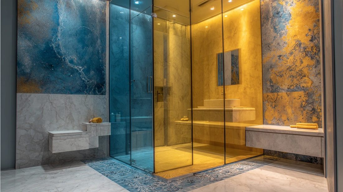 Vibrant blue glass partition separating a modern shower area