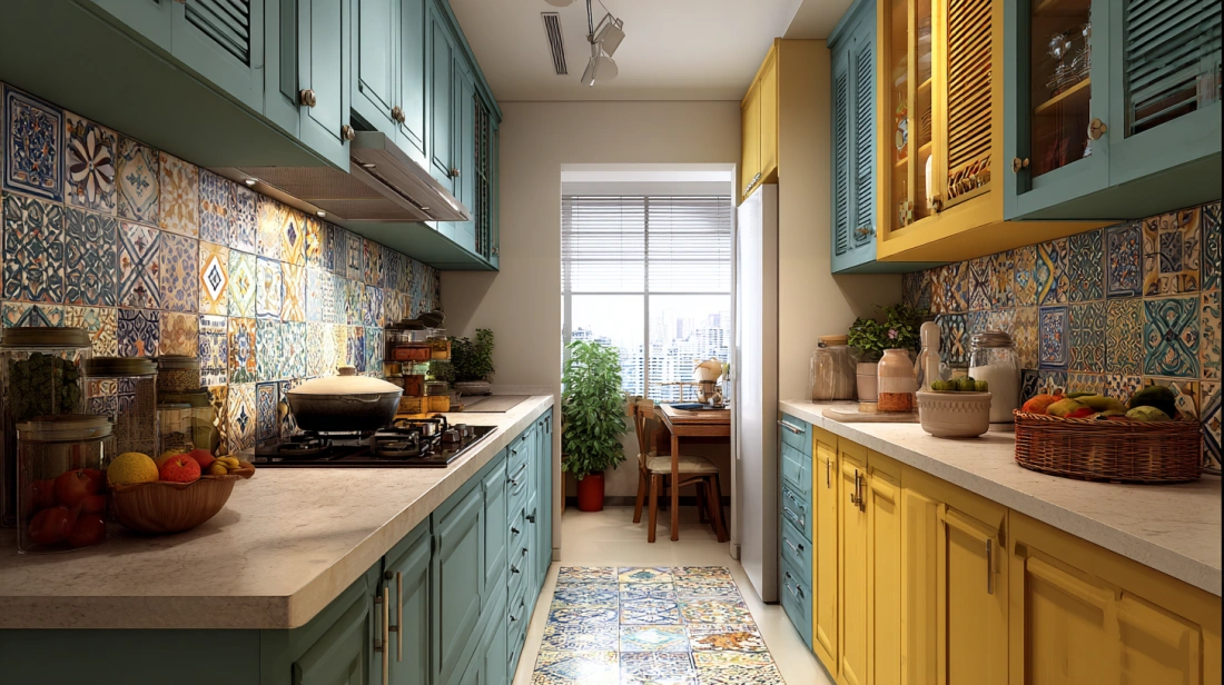 Pastel coloured shutters in lively Indian apartment kitchen