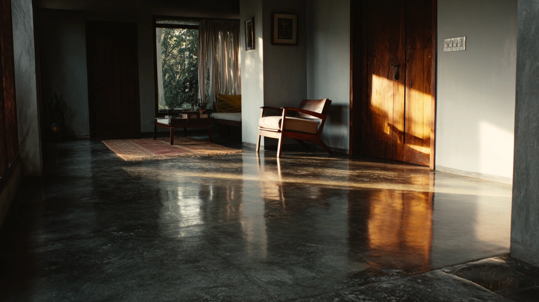 Dark, high-gloss concrete floor with a protective sealer