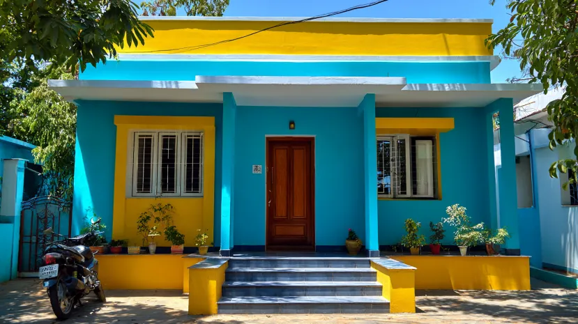 Small house front with vibrant blue walls and bright yellow trim