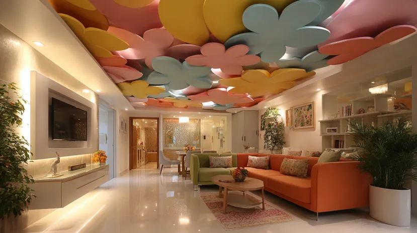 Multicoloured 3D POP flower ceiling design in a living room