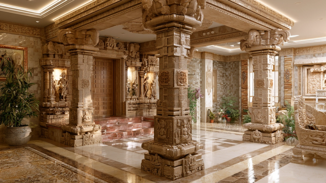 Tall columnar granite pillar in grand foyer