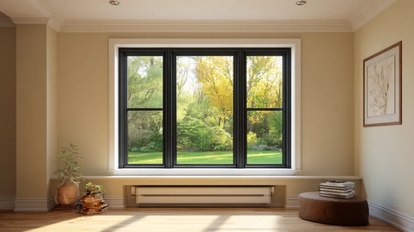 Black frame combination windows with white trim looking out onto a sunlit green garden.