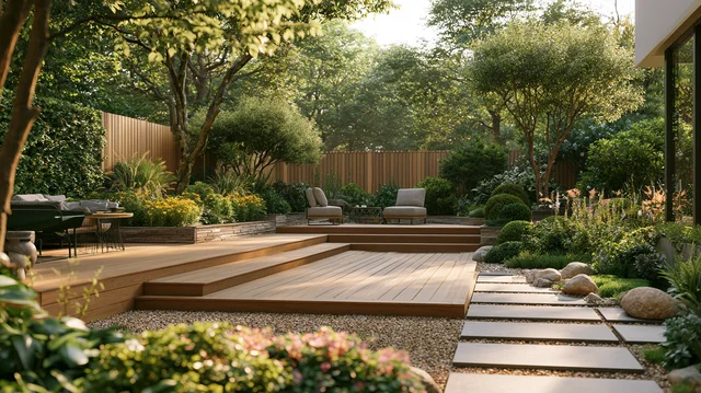 Mixed outdoor flooring materials in a garden