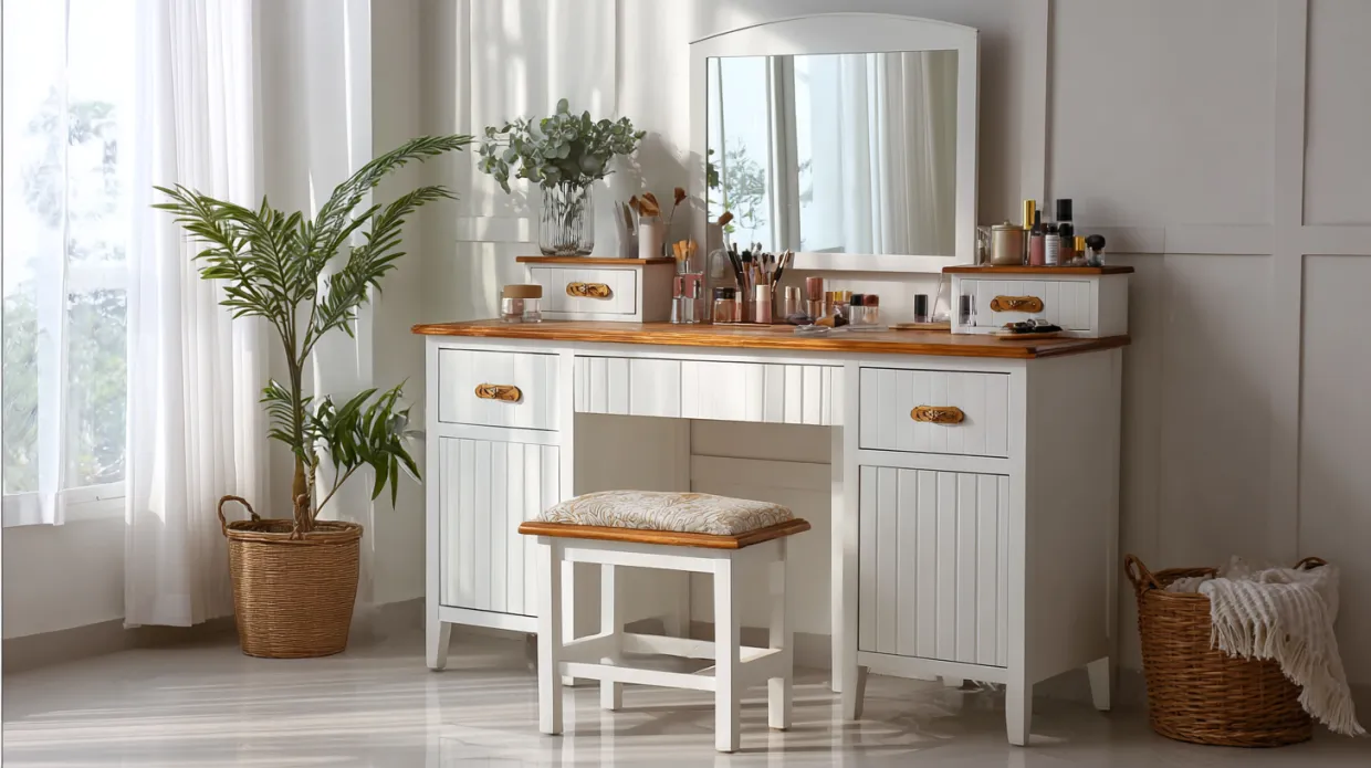 combine and contrast style dressing table with dual-tone finish and storage, perfect for modern bedrooms