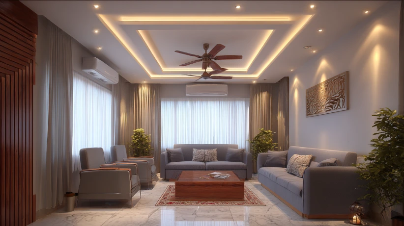 LED lighting layout featured in a modern two fan ceiling design