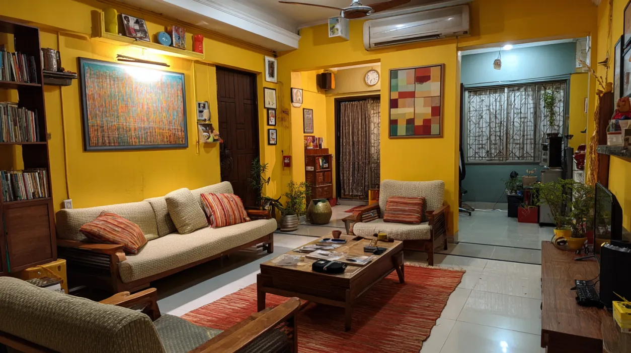 Warm yellow common room with wooden furniture and rugs