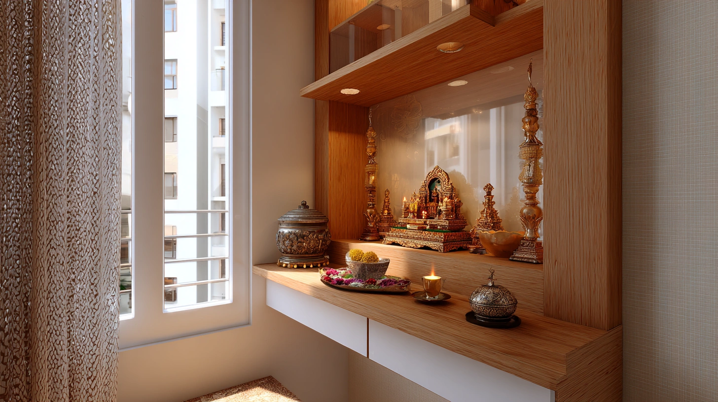 Tiny corner wall mandir in small bedroom space