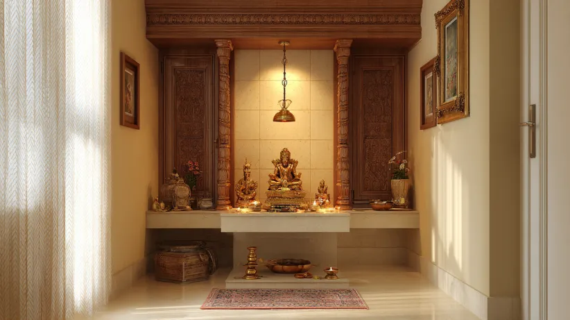 compact corner pooja room design with traditional elements for home interiors