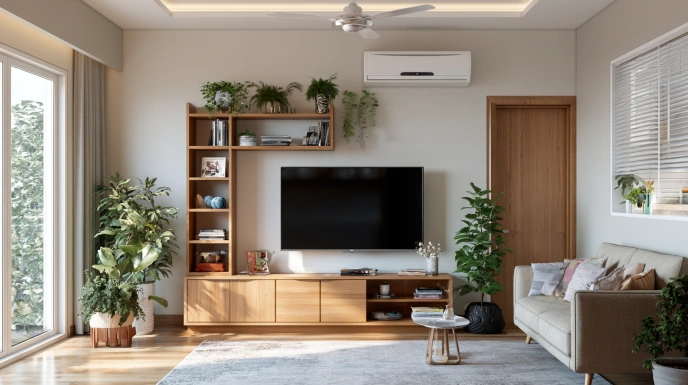 Compact floor console TV unit in a modern apartment