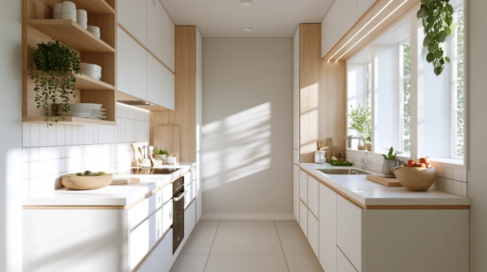 Compact galley Scandinavian kitchen